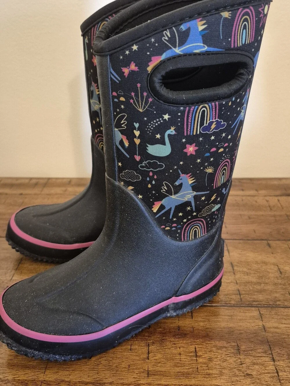 Lone Cone Kids' Black Rain Boots with Colorful Unicorn & Rainbow Print 12